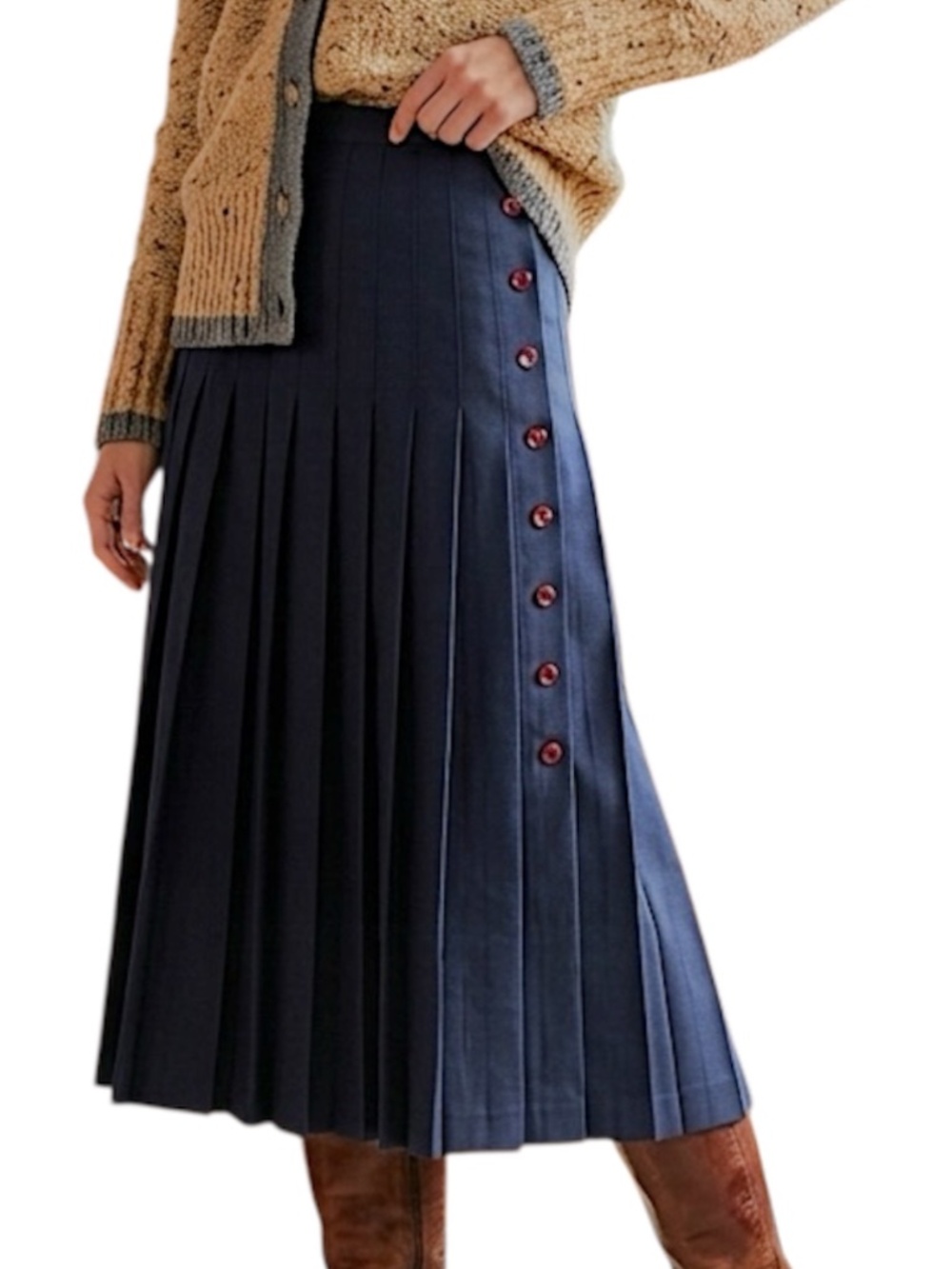 Vtg 80s Canadian made blue side button knife pleat old money retro midi skirt 14